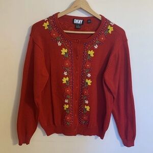 DKNY Women's Red Cardigan with Floral beading Vintage 90s size medium